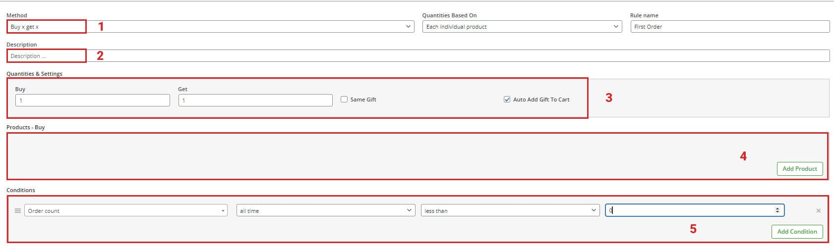 set conditions section in free gift plugin add rule form