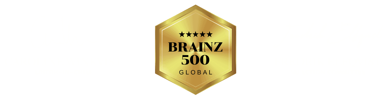 BrainzWithSignatures A gold hexagon badge with five stars reads "BRAINZ 500 GLOBAL." Faint signatures and names are visible on both sides.