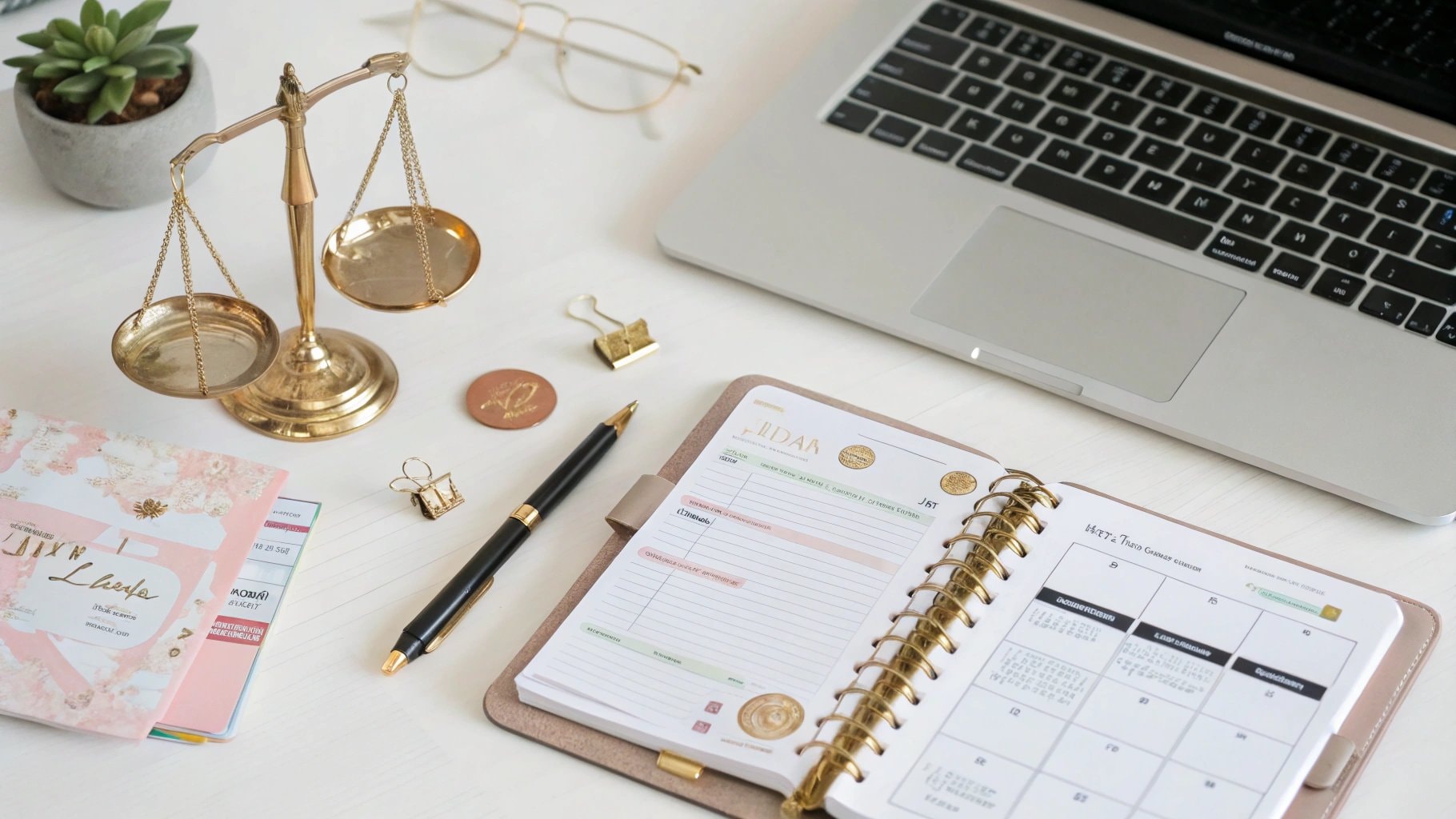 Espace de travail organisé avec une balance et un agenda en forme de Balance, reflétant le signe du zodiaque du 22 octobre