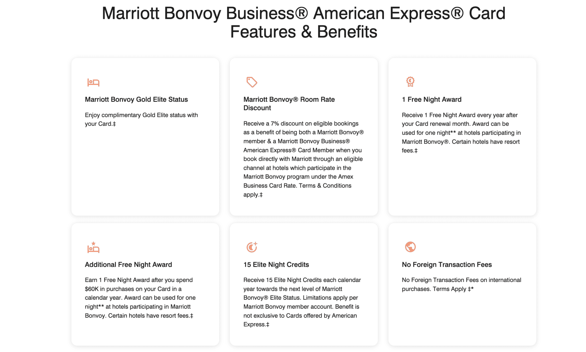 Amex Marriott Bonvoy Business Card Offer: 5 Free Night Awards (Up to 50,000 Points Each) 2 Amex Marriott Bonvoy Business Card Benefits