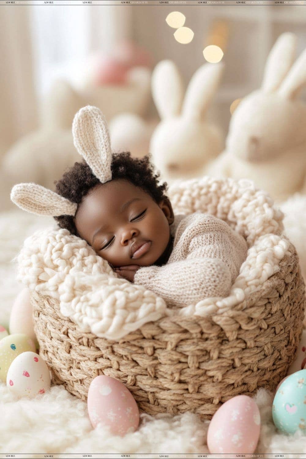 cute baby sleeping wearing bunny ears in a basket.