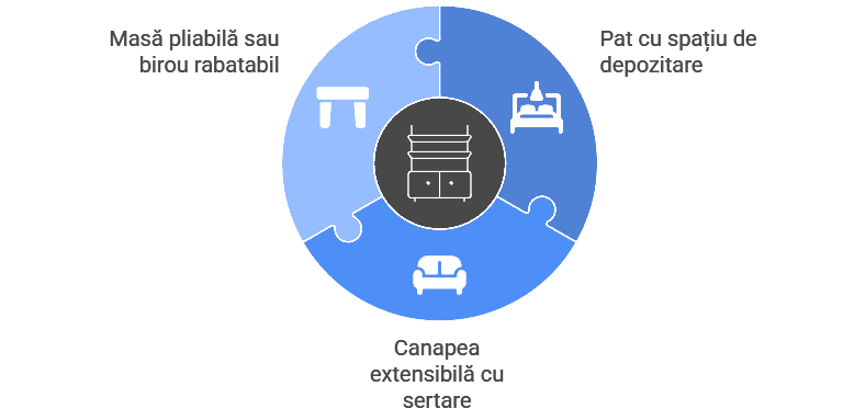 Imagine care ilustrează mobilier multifuncțional pentru economisirea spațiului: o canapea extensibilă cu sertare, un pat cu spațiu de depozitare și o masă pliabilă sau birou rabatabil