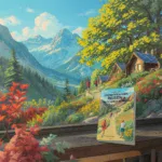 Blühende Alpenlandschaft mit Wanderern und Holzhaus, idyllischer Urlaub in Tirol, Südtirol mit Wasserfall und Bergen.