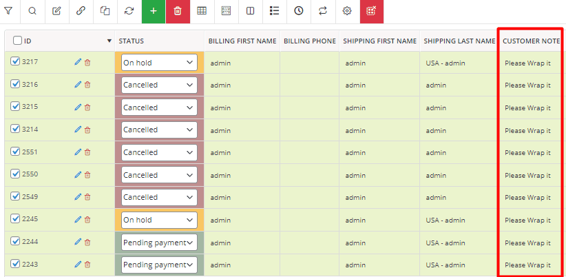 WooCommerce bulk edit customer order notes result