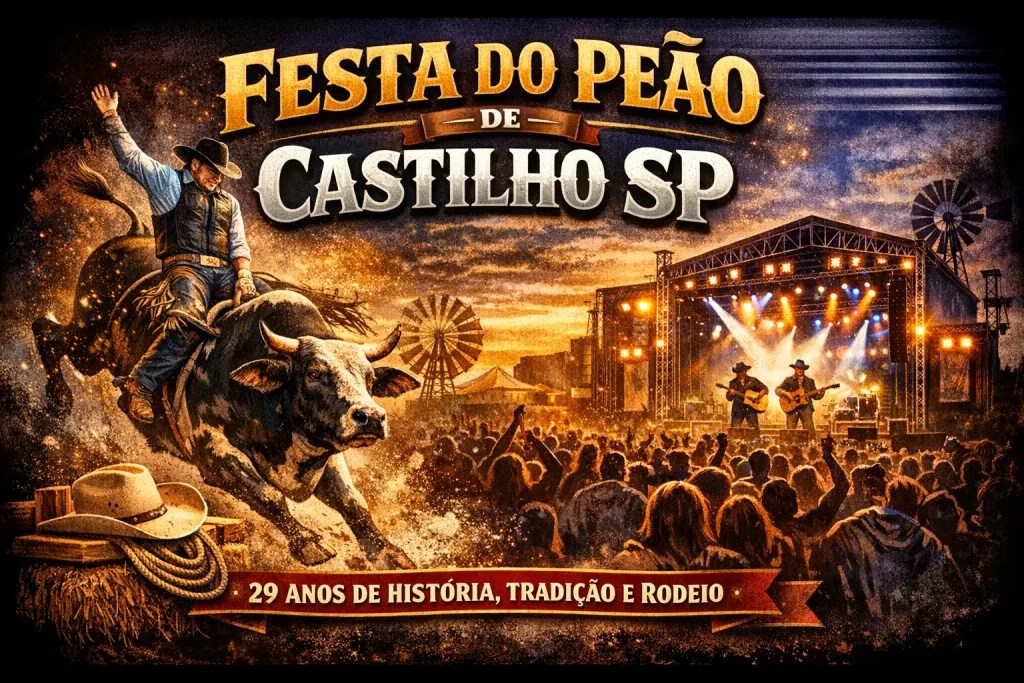Arena da Festa do Peão de Castilho SP lotada durante show sertanejo noturno com público vibrante.