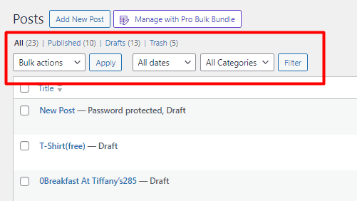 Default WordPress posts toolbar