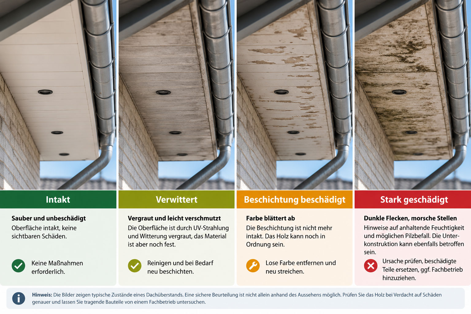 Vier Dachuntersichten im Vergleich: intaktes Holz, vergraute Oberfläche, abblätternde Farbe und stark geschädigte Holzbretter.