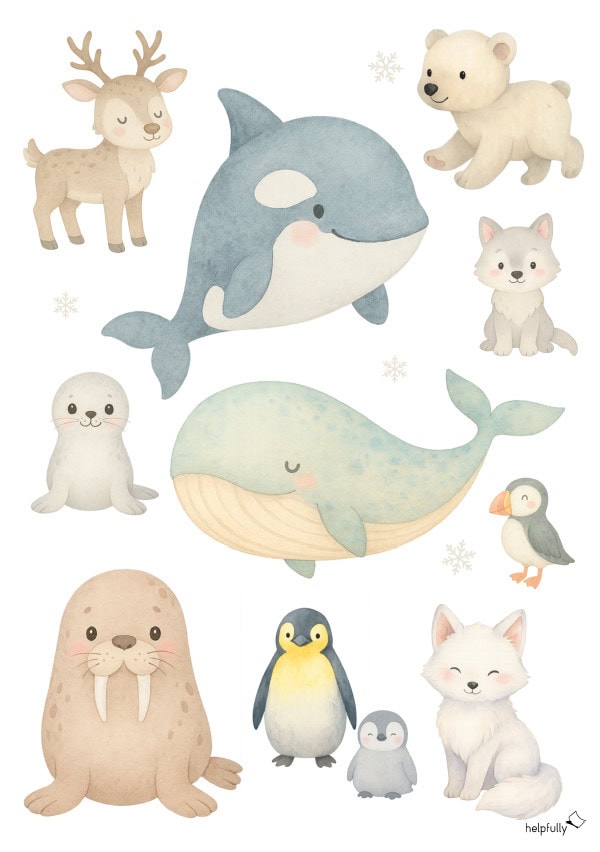 mega süßes A4 Kinderposter zum Ausdrucken fürs Babyzimmer mit pastelligen Arktistieren im Aquarellstil