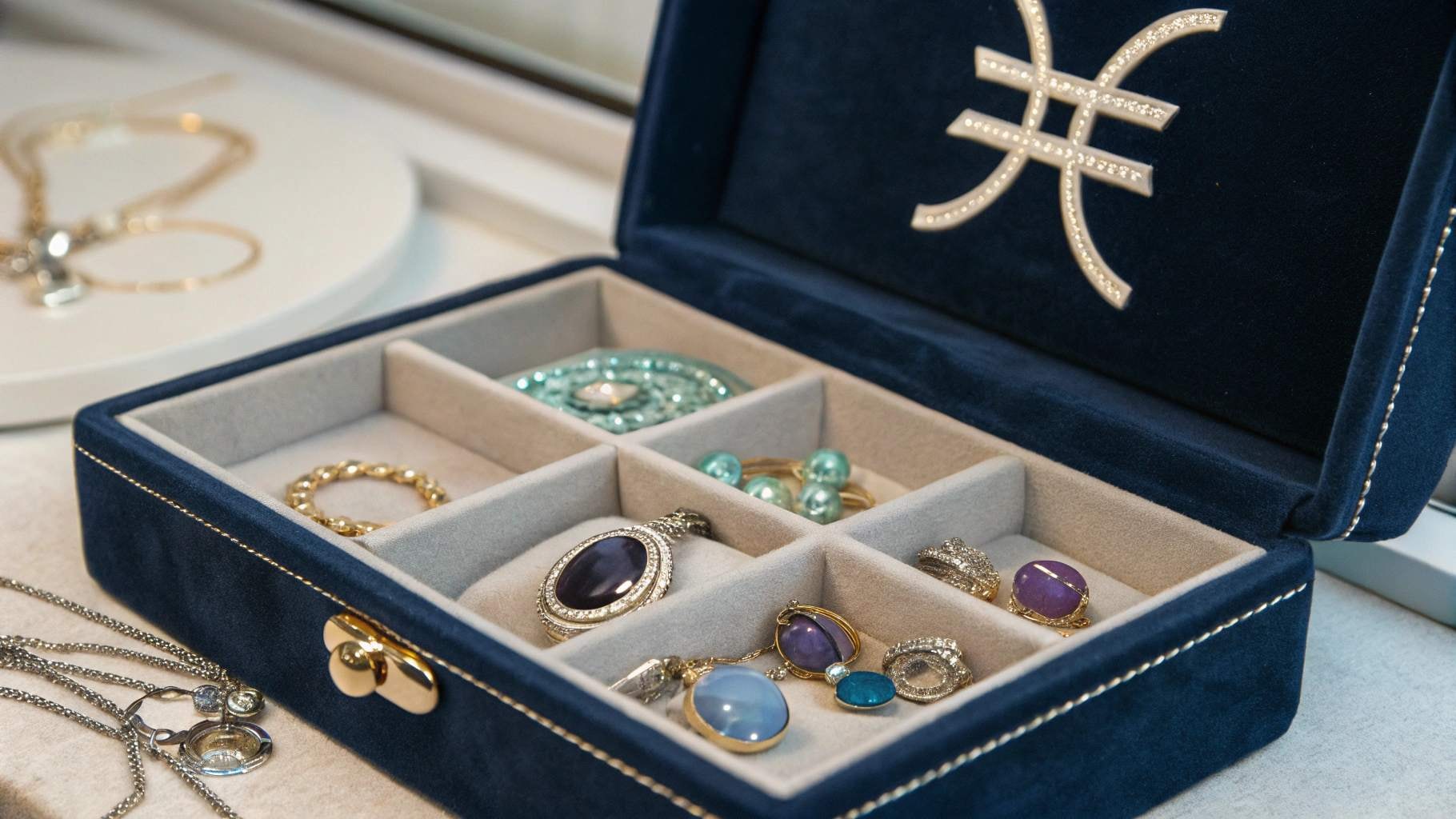 portagioielli pieno di gioielli in acquamarina, ametista, pietra di luna e lapislazzuli, che rappresentano le pietre portafortuna dello zodiaco del 20 marzo.