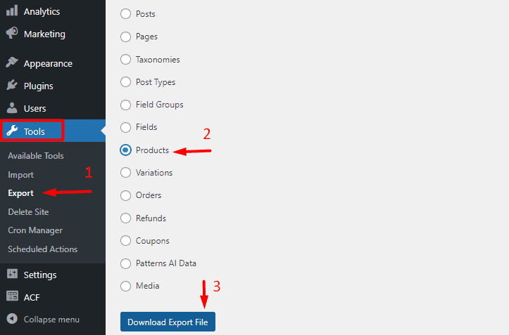 Export WooCommerce products from WordPress setting menu