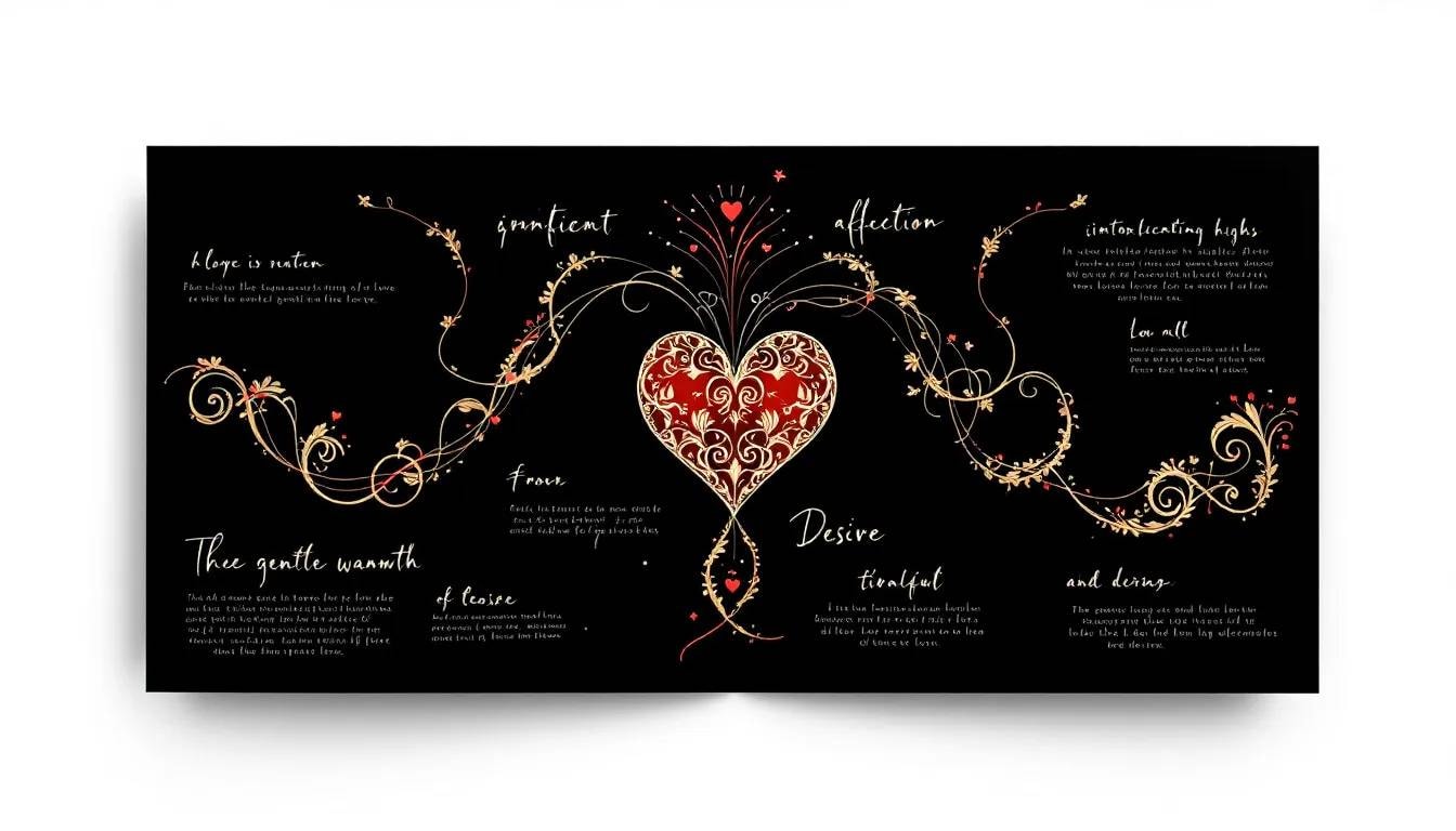 cuore con turbini intricati e parole legate all'amore, riflettendo la natura ingannevole del bombardamento dell'amore