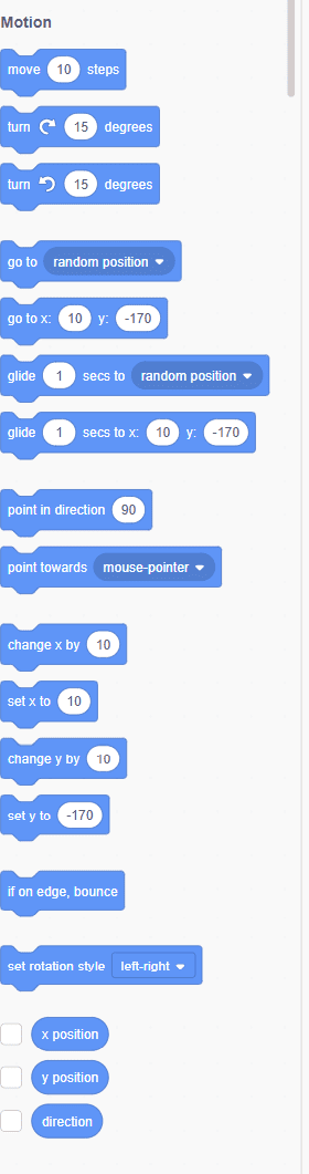 List of Scratch Motion blocks including move, turn, glide, go to position, change x or y, and rotation controls