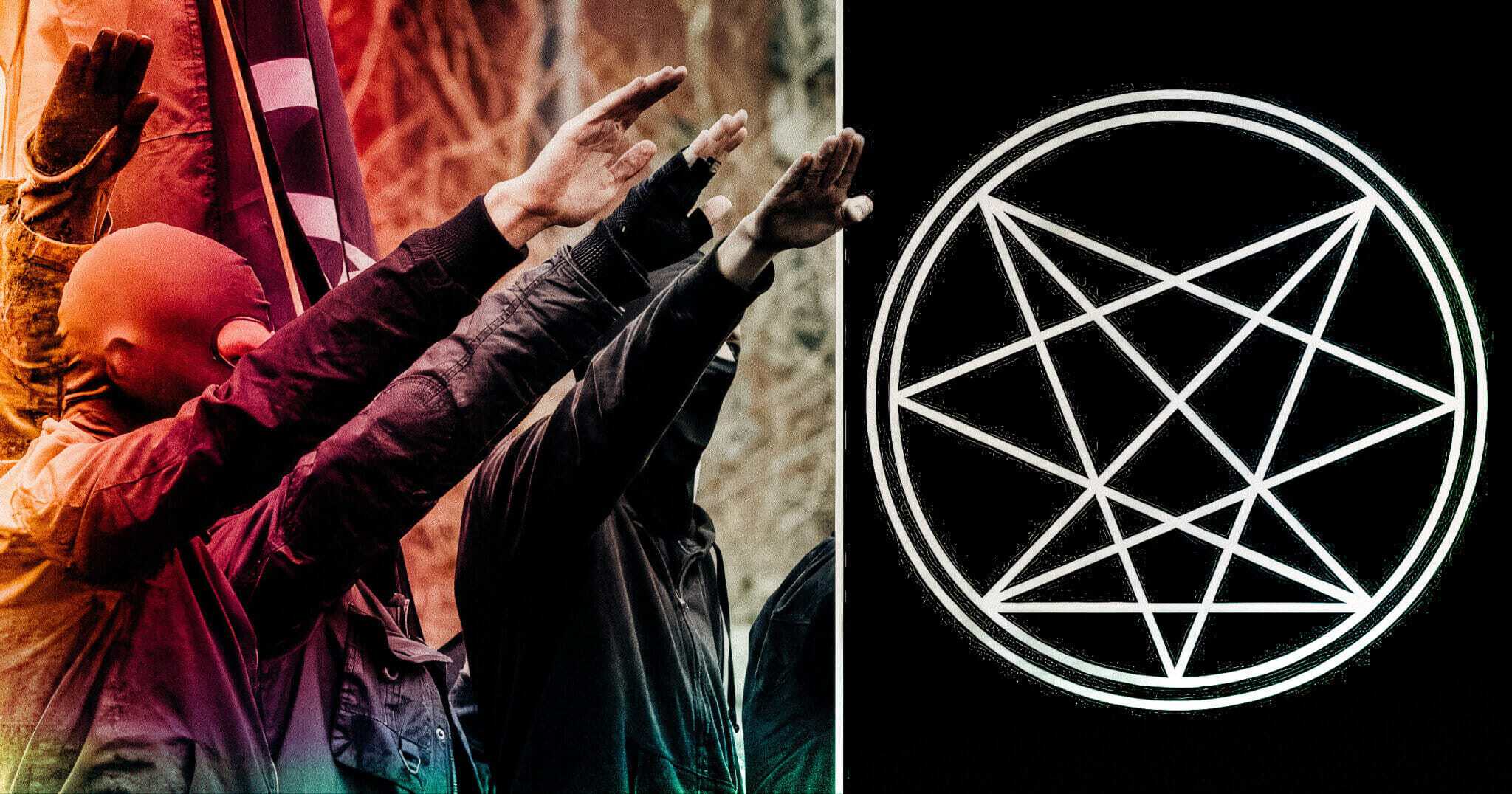 Split image of masked figures raising their arms in salute beside a seven-pointed star inside a circle.
