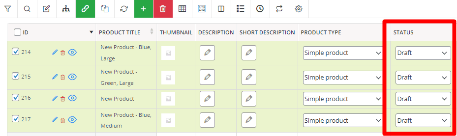 result draft status for WooCommerce products table
