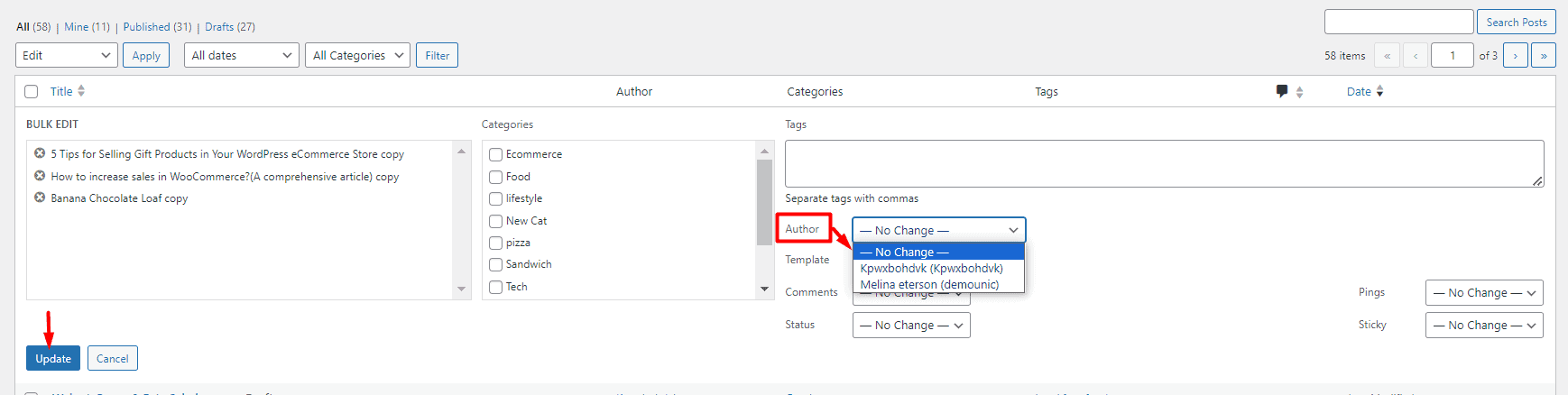 Select new WordPress post author and WordPress bulk edit posts author