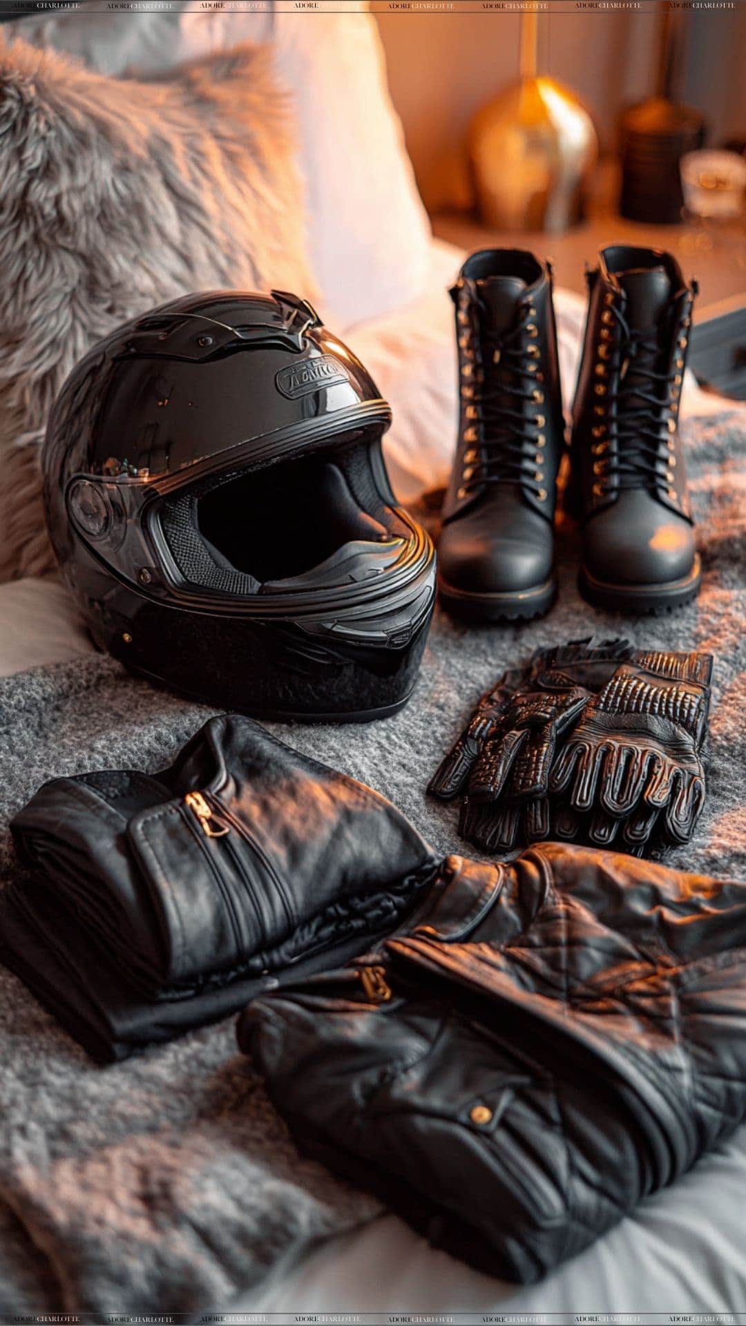 motorcycle gear flatlay.