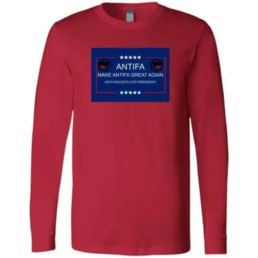 956-10732-107814975 Red long sleeve tee with a blue graphic featuring "Antifa" in white, the anti-fascist symbol, "Make Antifa Great Again," and "Anti-Fascists for President.