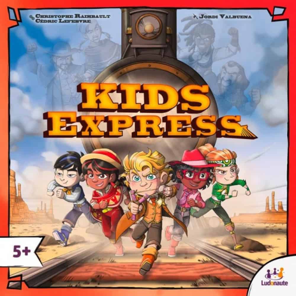 Un jeu de société pour enfants intitulé "Kids Express", illustrant un groupe d'enfants dynamiques courant sur des rails de train dans un paysage désertique, avec un fond de ciel bleu et de petits nuages.