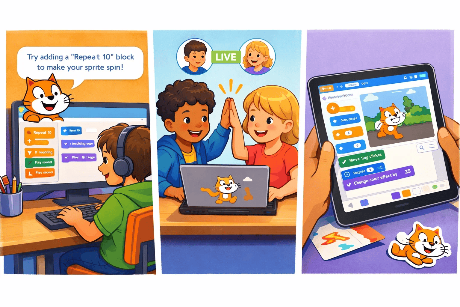 A conceptual split screen illustration showing potential Scratch 4.0 features. One panel shows an AI assistant interface with a friendly, non threatening character providing helpful coding suggestions to a young user. Another panel shows two students collaborating in real time on a shared project. A third panel hints at mobile optimization with a tablet interface. The overall image should feel educational, exciting, and grounded rather than overly futuristic. Use Scratch's signature color palette (orange, blue, purple). Clean, modern illustration style showing realistic educational scenarios rather than science fiction concepts.