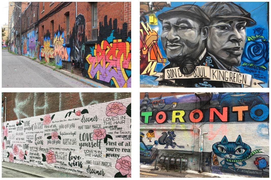 Vier Graffities in der Alley Rush Lane in Toronto