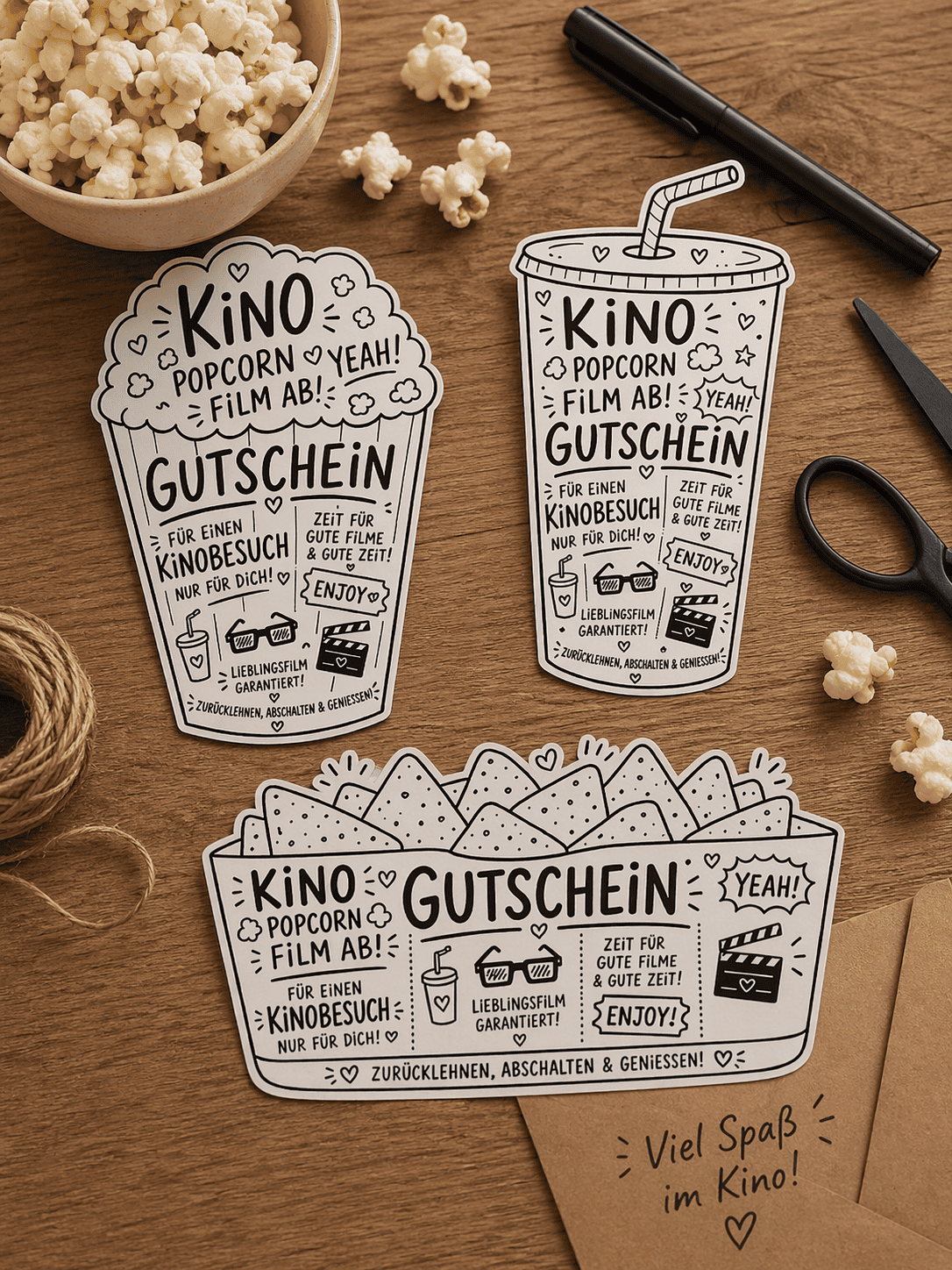Nachos, Popcorntüte oder Softdrink? Die Gutschein-Bastelvorlage macht die Einladung fürs Kino noch cooler!