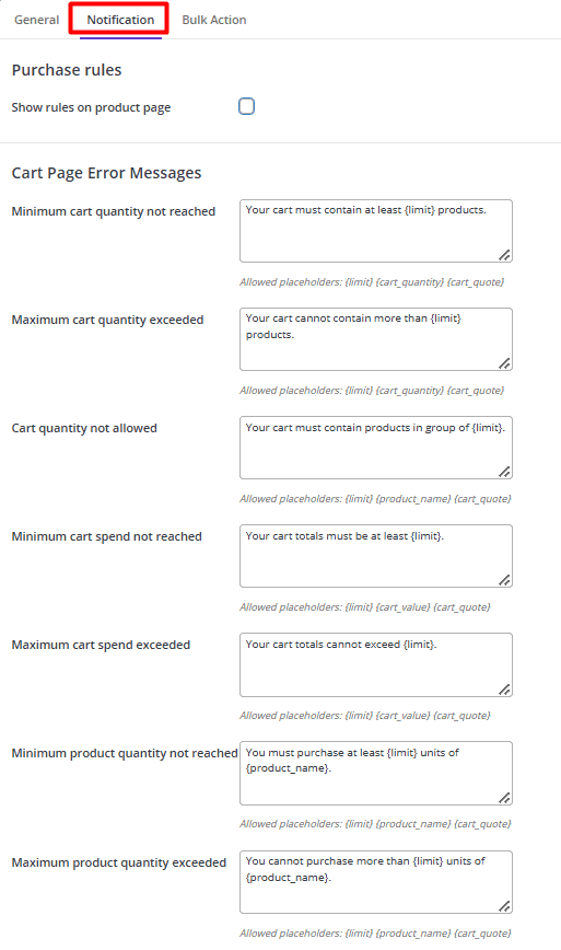 enale woo min max plugin notification for limit cart quantity