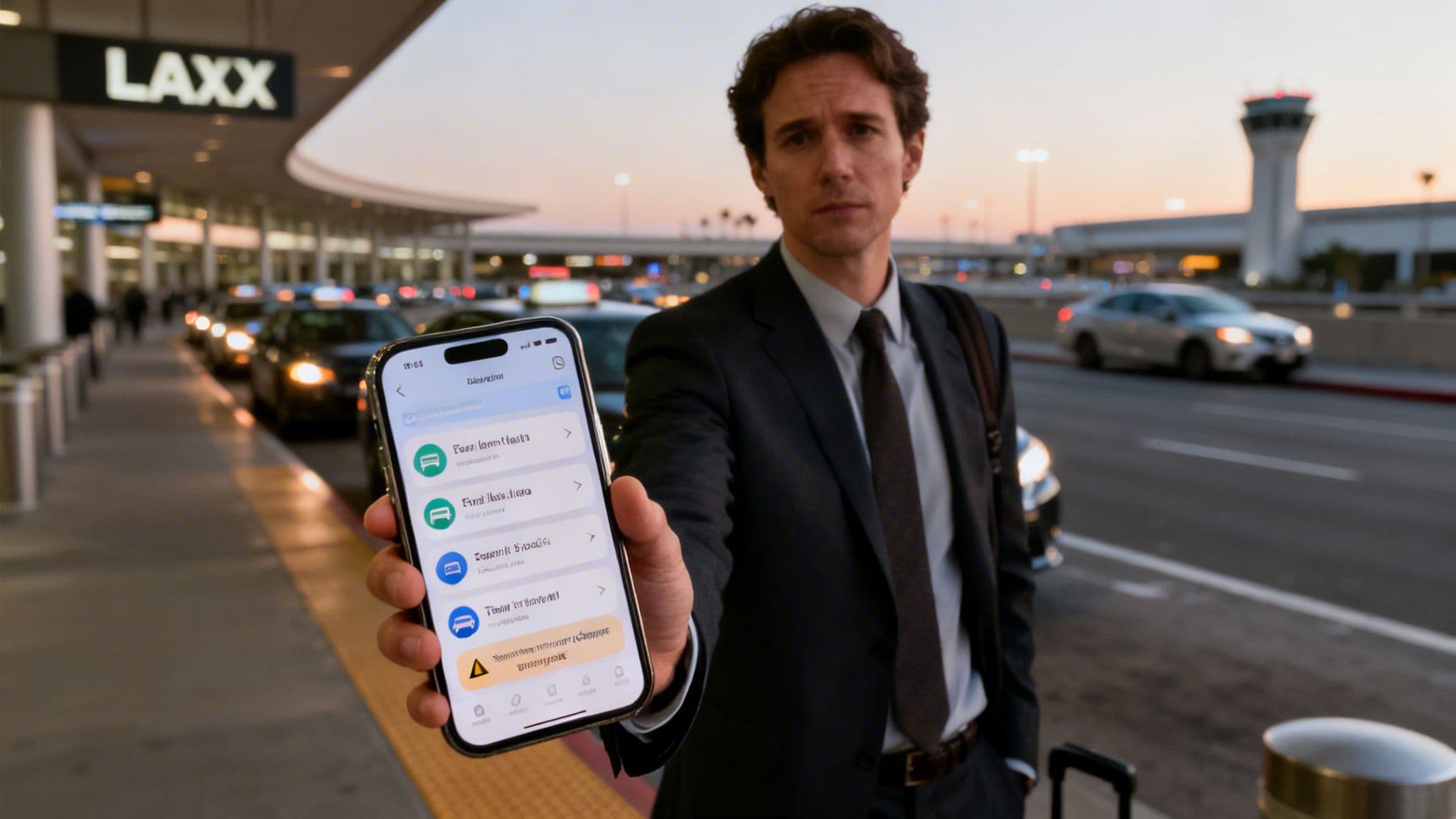 LAX Private Car Service: 5 Steps to End Airport Chaos for Good 1 A man in a suit holds a smartphone at an airport taxi stand, displaying a ride-sharing app.