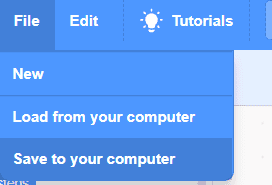 Scratch File menu showing options to load from and save to your computer