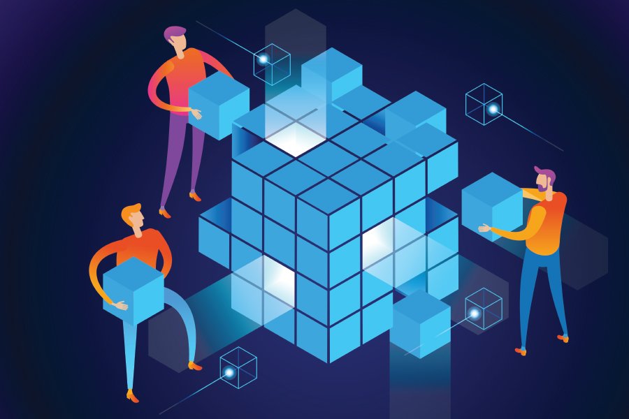 Corporate graphic of people taking cubes out of a big cube.