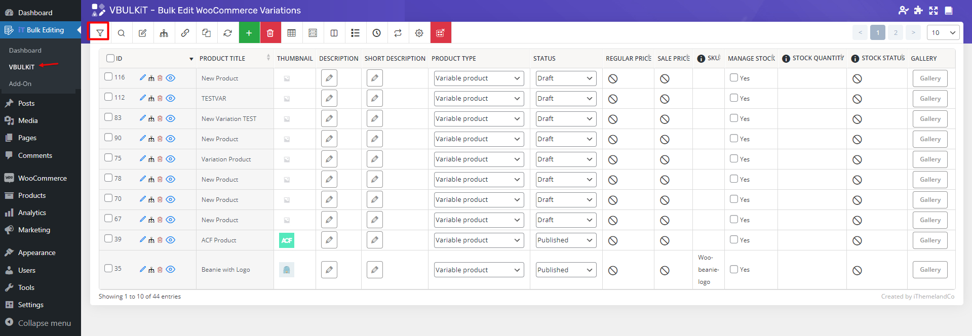 select filter icon in WooCommerce variation bulk edit plugin to filter desired products