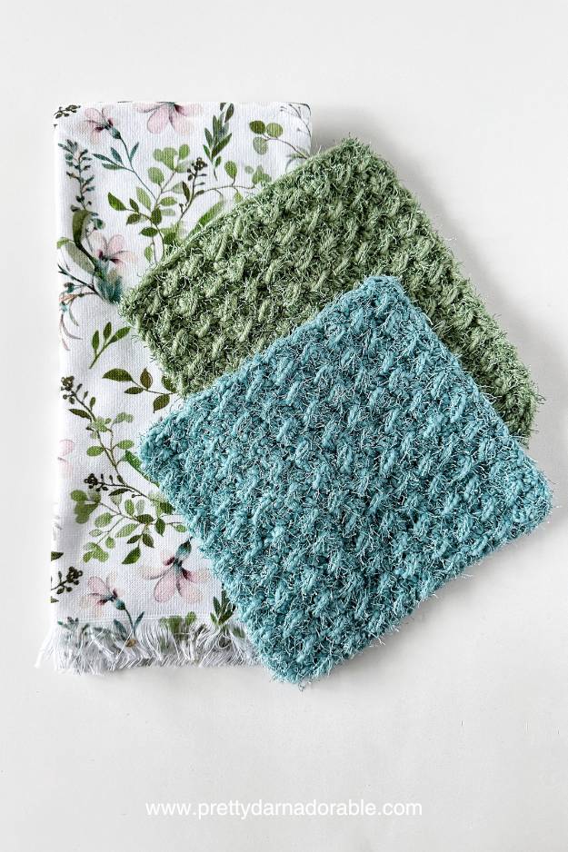 green and blue thick dishcloths made with scrubby yarn