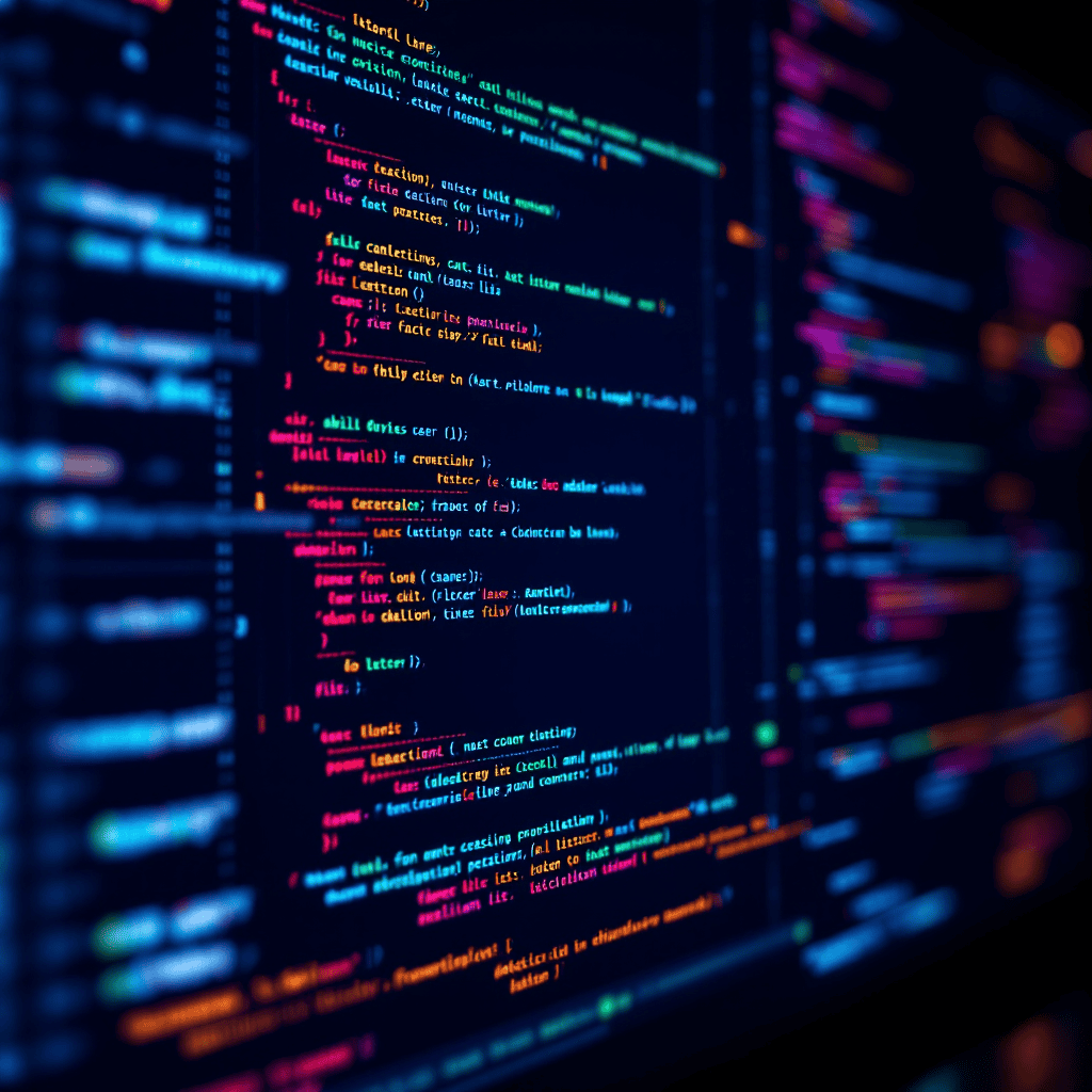 Close-up of colorful programming code on a screen with syntax highlighting in a dark-themed editor