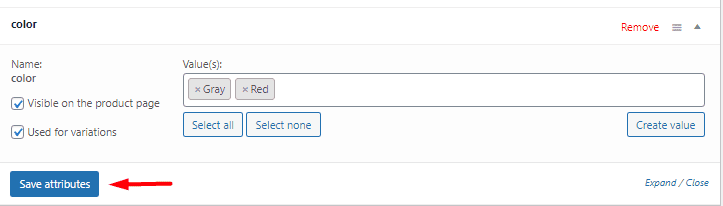 click save attributes button for color attributes
