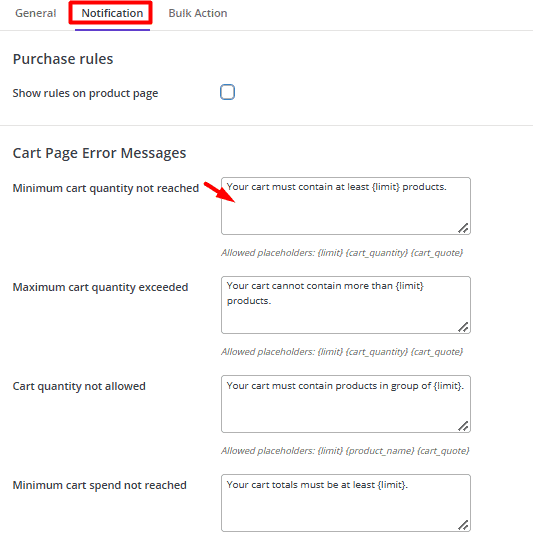 Customize notification messages in error cart