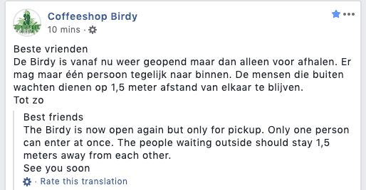 Coffeeshop Birdy in Haarlem reopens. They have just announced that it will be offering take away. You can now pick up cannabis and hash from the coffeeshop.