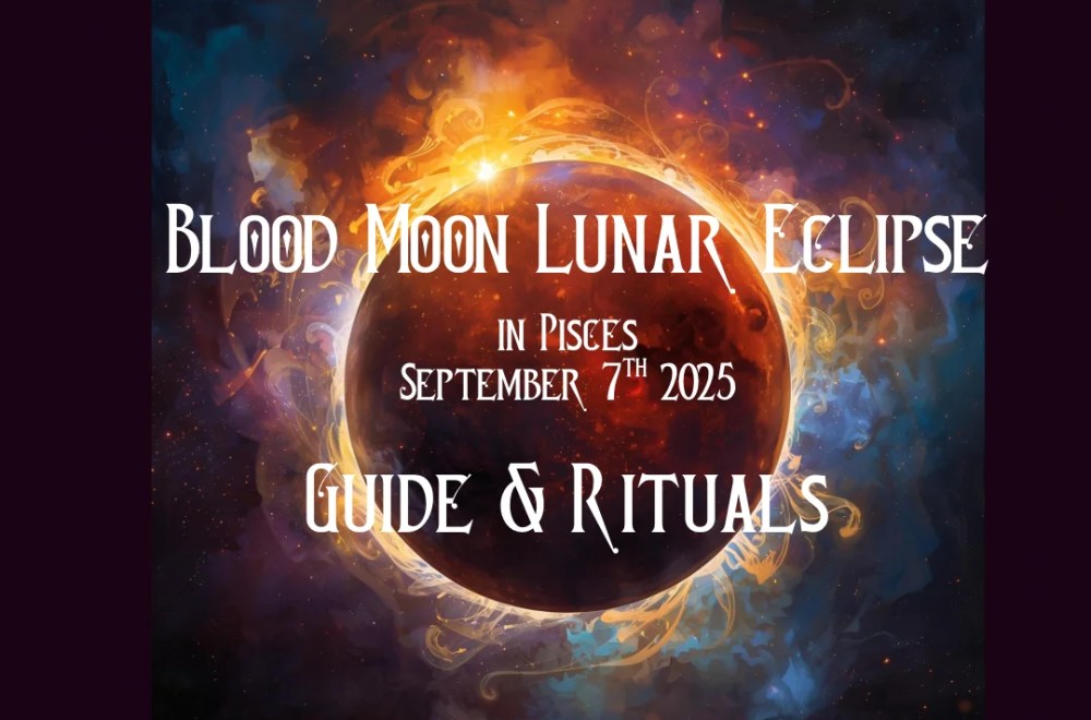 Southern Hemisphere Guide: The September 7, 2025 Lunar Eclipse in Pisces 9 A fiery blood moon with swirling blue and orange nebulae surrounds text: Blood Moon Lunar Eclipse in Pisces, September 7th 2025. Guide & Rituals for the Southern Hemisphere. The design is mystical and cosmic.