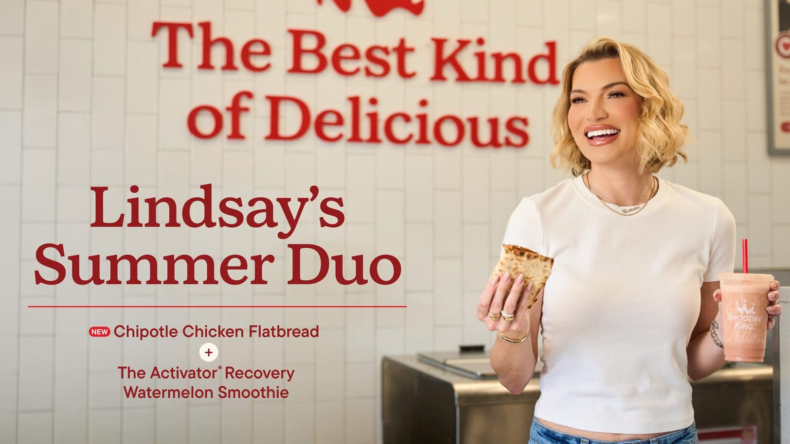 Lindsay Hubbard showcases Smoothie King's limited-time Summer Duo featuring a Chicken Flatbread and watermelon recovery smoothie.