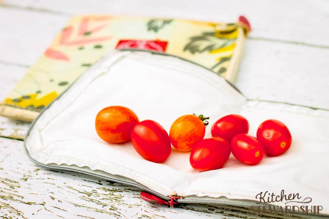 Reusable snack and sandwich bags that lay flat! (from 2 Red Hens) cherry tomatoes on flat reusable snack bag from 2 Red Hens