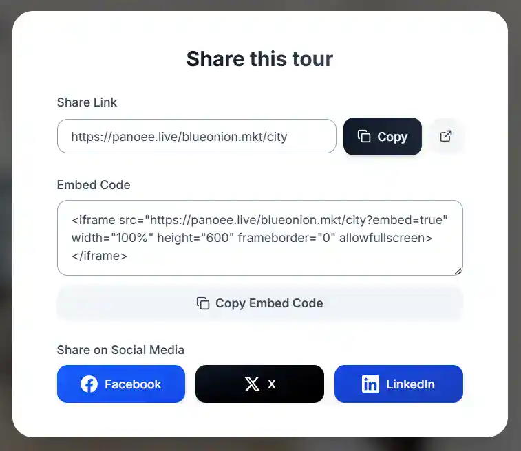 How to Embed Interactive 360 Panoramas on Your Website (WordPress/Wix) 4 Share menu popup showing the iframe embed code and the "Copy Embed Code" button.