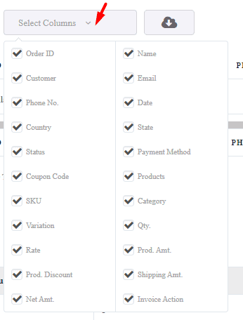 select columns in report plugin WooCommerce