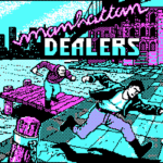 Dealeurs de la plateforme Air-Gaming, jeu pixel art inspiré de l'esthétique rétro des années 80, avec personnages dynamiques dans un décor urbain coloré, idéal pour les amateurs de jeux vidéo classiques et modernes.