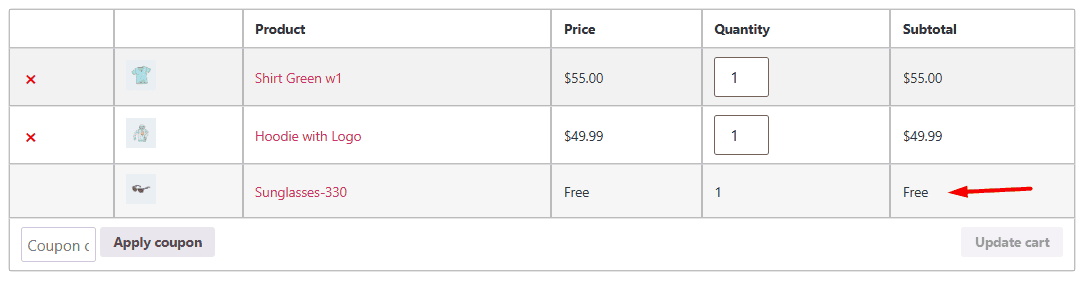 Show free gift in cart