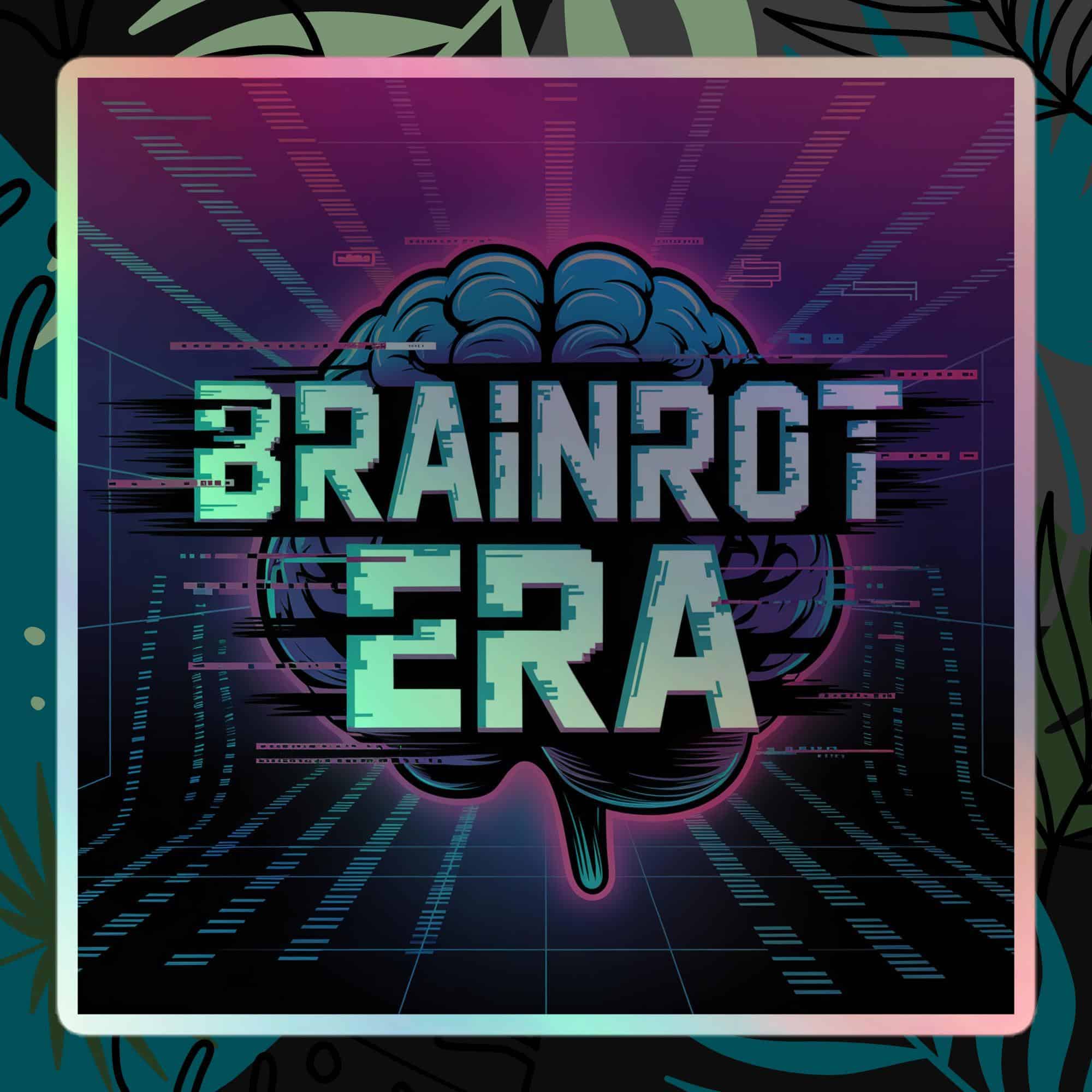 Brainrot Era holographic sticker: a trendy Gen Z glitch art decal featuring a brain graphic with vibrant pink and blue accents, ideal for laptops & phones.