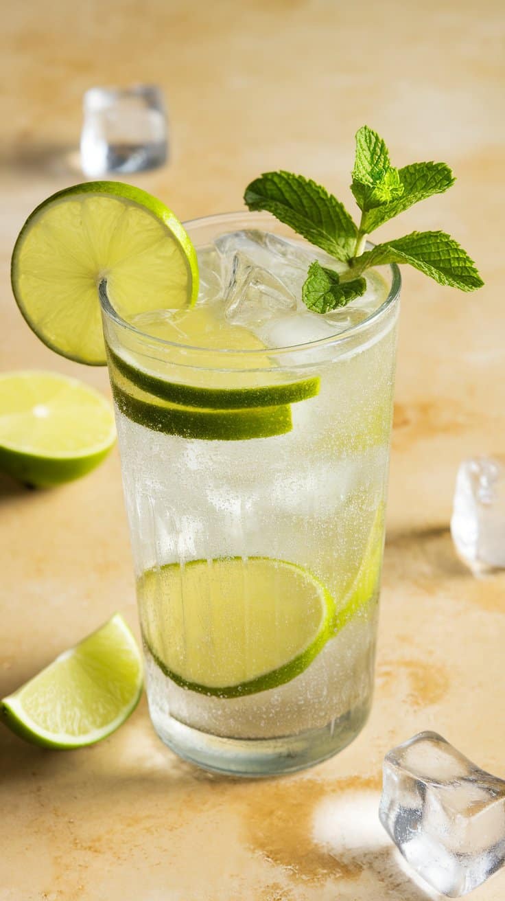 A refreshing glass of Green Apple Fizz with lime slices and mint leaves garnishing the top, surrounded by ice cubes.