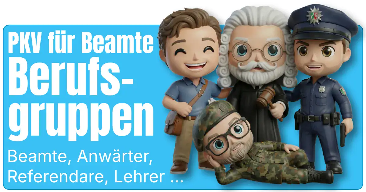 Vier Maskottchen-Figuren von fairbeamtet.de stehen nebeneinander. Ein Lehrer (oder evtl. ein Referendar = Beamtenanwärter), ein Richter, ein Polizist und ein Soldat. Im Hintergrund ist ein großer, blauer Kasten. In fetten, weißen Buchstaben steht geschrieben: PKV für Beamte. Die Maskottchen-Figuren symbolisieren vier typischen Berufsgruppen von Beamten. Es ist Beitragsbild für die Kategorie-Gruppe.