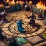 Miniature de jeu de société avec figurines fantastiques, représentant une scène stratégique dans un univers de jeu de rôle et de combat magique. Parfait pour les amateurs de jeux de plateau et de fantasy.