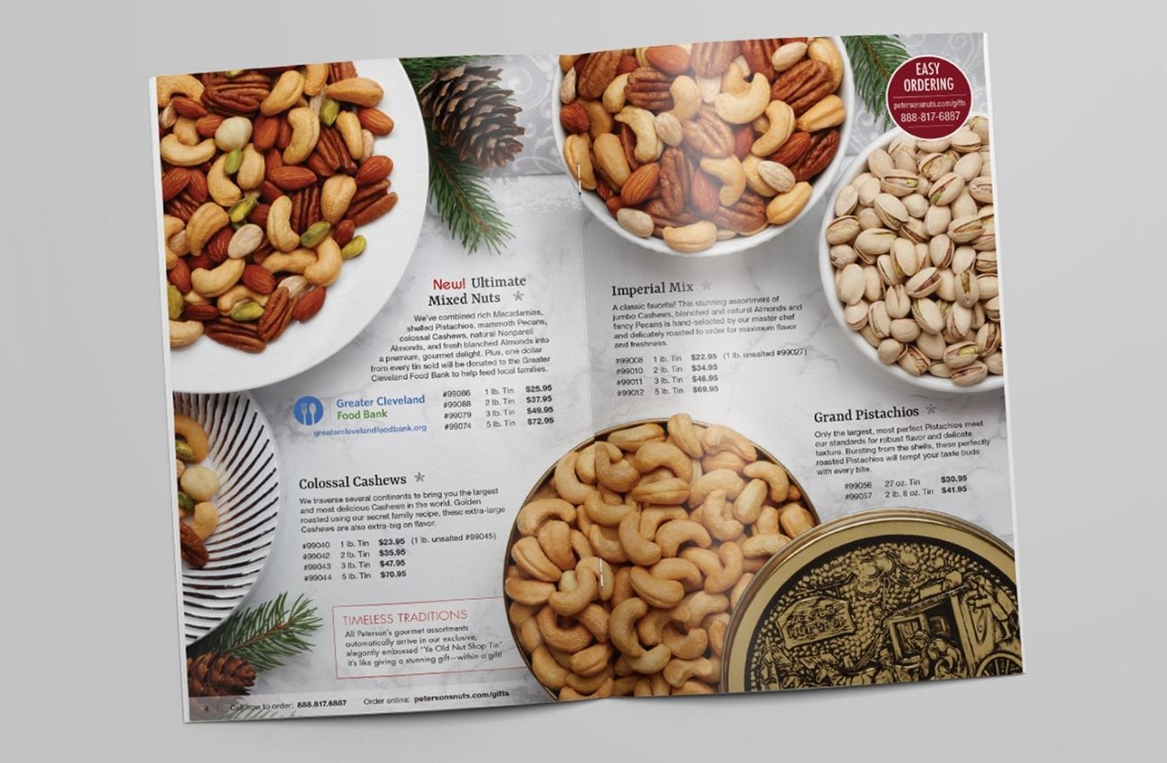 Variety of nuts in bowls; Peterson's seasonal gift catalog design