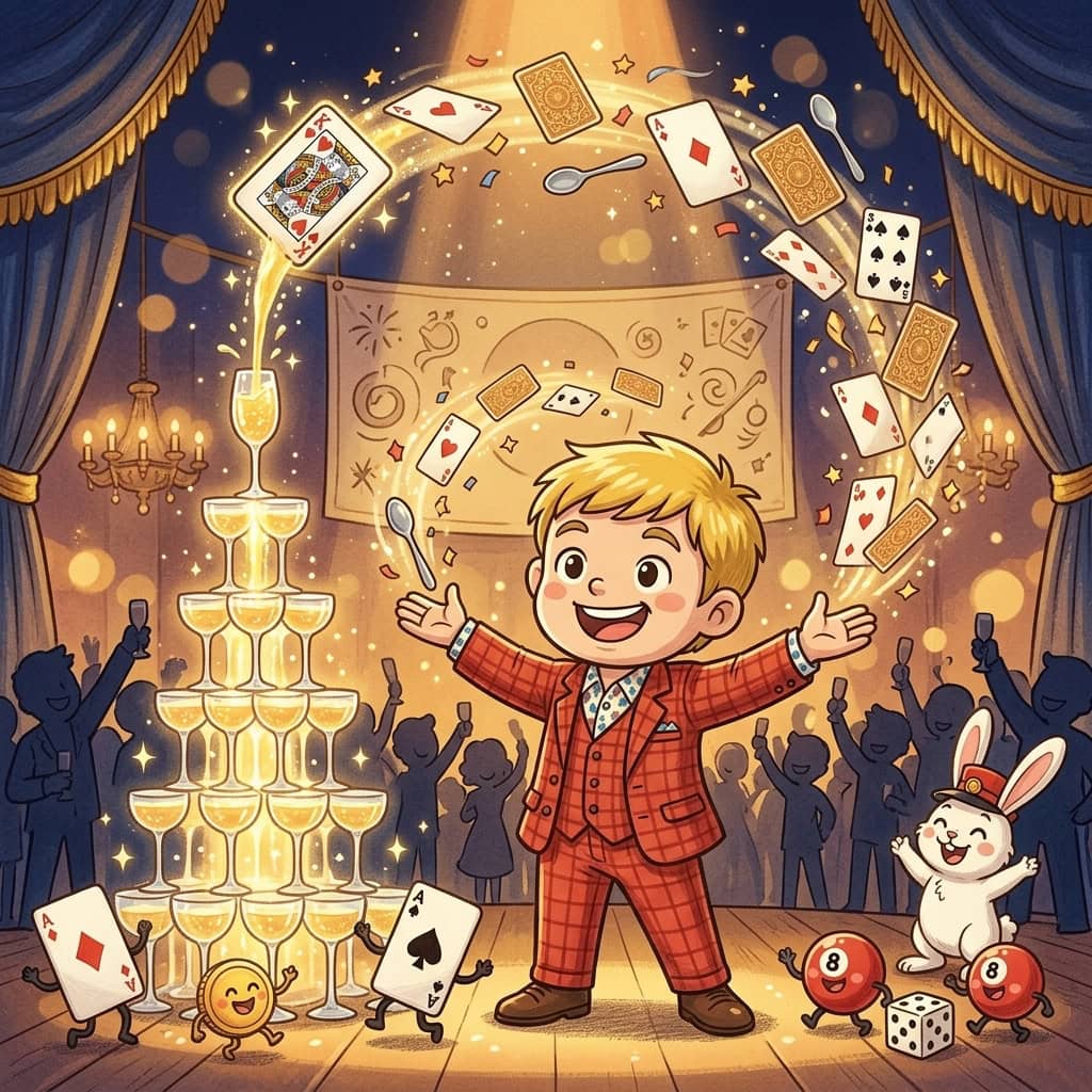 【2026年版】企業パーティー・周年記念マジックショー完全ガイド|幹事が失敗しないマジシャン選び方をプロが本音で解説 1 企業パーティー・周年記念マジックショー完全ガイド2026年版 金髪に赤チェックスーツのチビキャラ風プロマジシャンがホテル宴会場のステージでシャンパングラスタワーと紙吹雪を背景にステージマジックを披露する華やかなイラスト