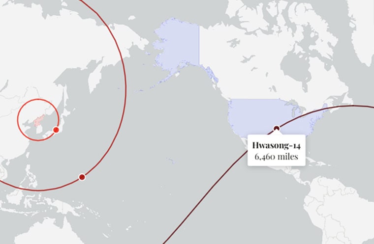 Map showing the Hwasong-14’s estimated range covering much of the United States, illustrating North Korea U.S.-range missiles.