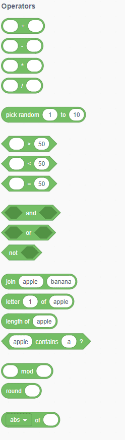 List of Scratch Operators blocks including math operations, comparisons, logic operators, strings, and numeric functions